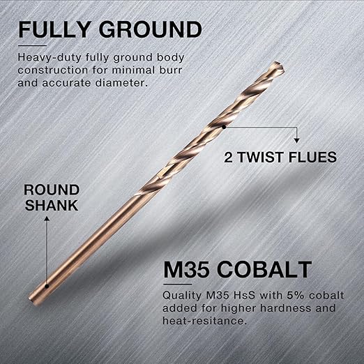 5/32 Inch Cobalt Drill Bits (13pcs), M35 High Speed Steel, 135 Degree Tip, Jobber Length Twist Drill Bit Set for Hard Metal, Stainless Steel, Cast Iron, Wood and Plastic, with Storage Case