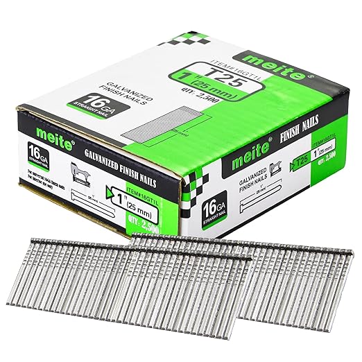 meite 16 Gauge Finish Nails, 1-Inch Galvanized 16 Gauge Brad Nails, Small Straight Finishing Nail for 16 Gauge Finish Nailer Guns (1 Case)