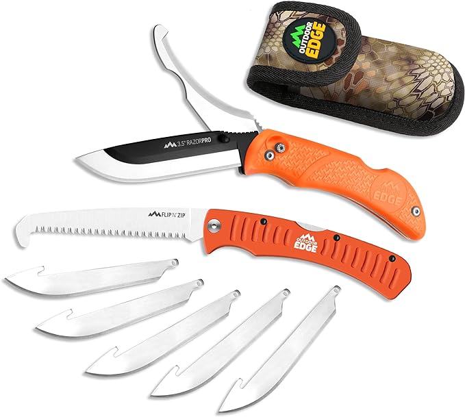OUTDOOR EDGE RazorPro Double Blade Hunting Knife with Flip N??Zip Bone Saw ??Folding Knife with Gutting Blade & Replaceable RazorSafe Skinning Edge, Includes Camo Nylon Sheath