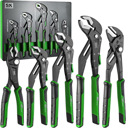 SK 5-Piece Pliers Set, 8" Adjustable Joint, 8", 10" and 12" Quick Adjust V-Jaw Groove Joint, 10" Pliers Wrench, Premium CR-V Construction, with EVA Foam Tool Organizer