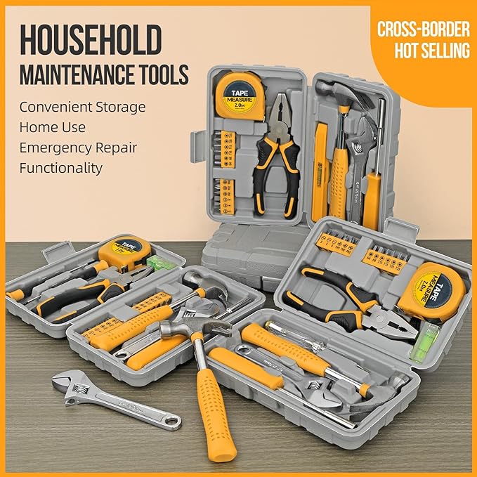20 Pcs Home Tool Set, Basics Household Tool Kit with Small Mini Carrying Box for Men and Women DIY (Yellow)