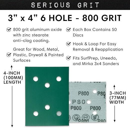 Serious Grit - 3" x 4" 6-Hole 800 Grit Sanding Sheets - Fits Surfprep, Uneeda Ekasand, Mirka DEOS 343 - Heavy-Duty Hook & Loop Film Abrasive Pads - Sandpaper for 3x4 Sheet Sanders - 50 Pack Box