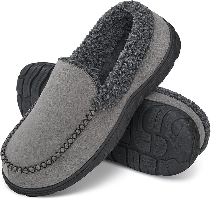 ATHMILE Men's Moccasin House Slippers, Memory Foam Arch Support, Plush Fuzzy Lining, Non-Slip Rubber Sole for Indoor/Outdoor Winter Comfort