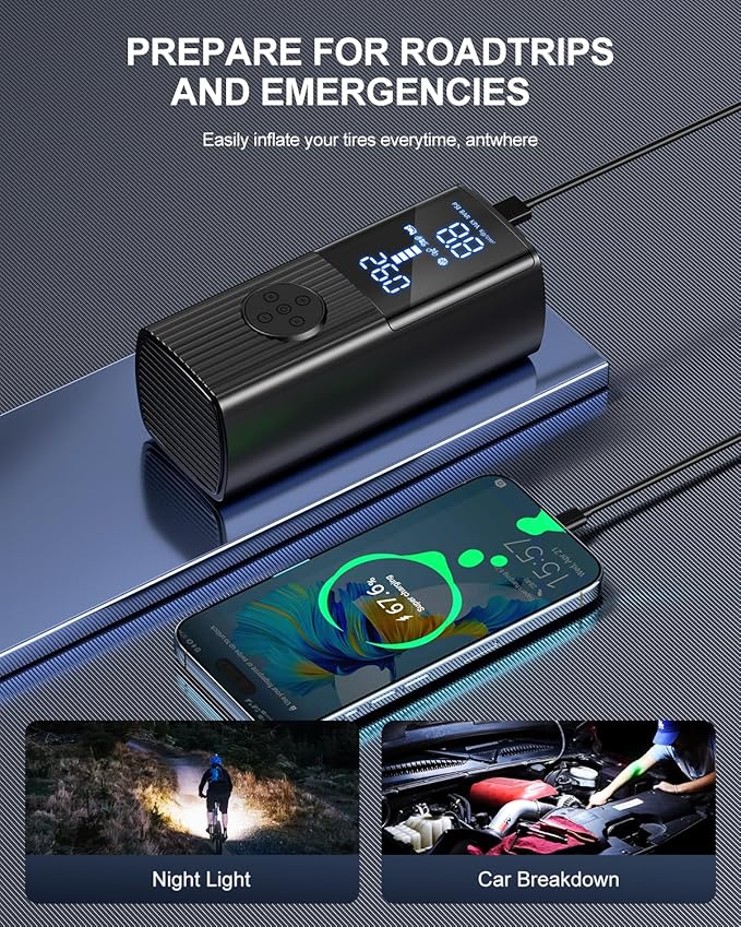 Tire Inflator Portable Air Compressor, 180PSI Cordless Air Pump with Digital Gauge, LED Light and Auto Shut-Off Function, 3X Faster Air Compressor for Car, Motorcycle, Bicycle, Ball