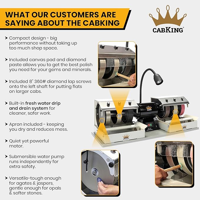 CabKing Cabbing Machine Lapidary Equipment ??8" Jewelry Polishing Machine for Gemstone Grinding & Stone Polishing, Includes Diamond Wheels, LED Lamp, Water System & Complete Lapidary Accessories Kit