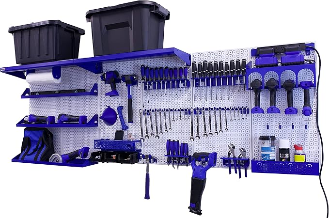 OmniWall Weekend Warrior Ultimate Tool Kit-96" x 32" Metal Pegboard Wall Storage System White/Blue