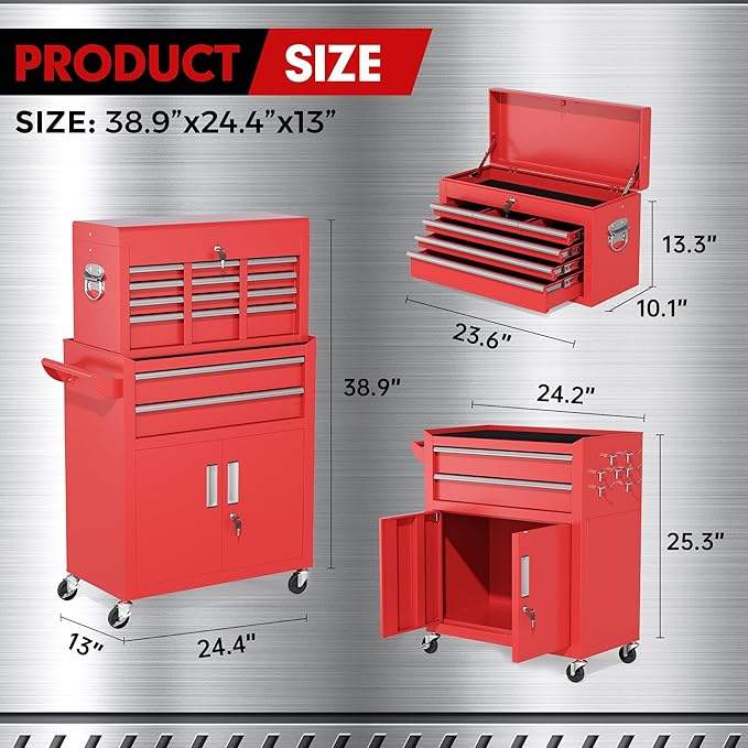 INTERGREAT 8 Rolling Drawers Tool Chest, Assembled Tool Chest with Wheels, Detachable Top Tool Box, Tool Cabinet for Repair Room,Warehouse, Rolling Tool Box with Hooks,Tray Divider,Liners, Red