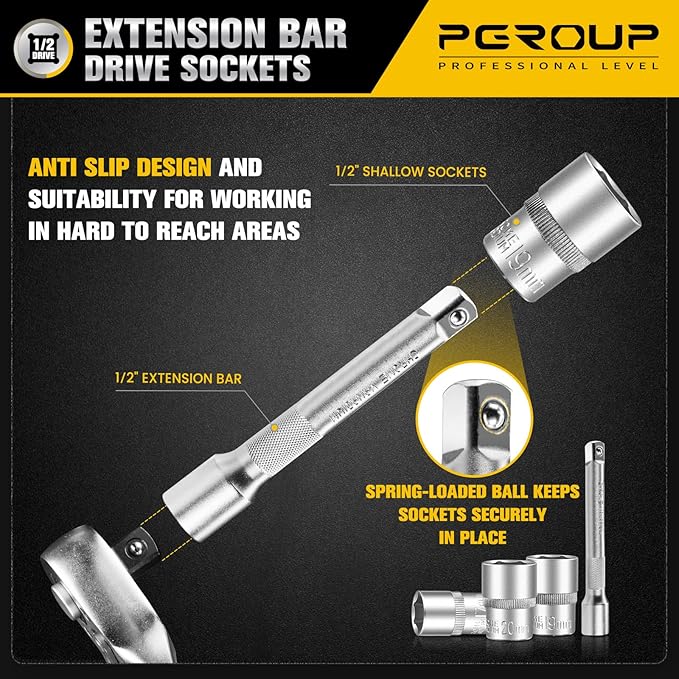 20 PCS 1/2" Drive Metric Socket Wrench Set,90-Tooth Reversible Ratchet Handle竊? Point Shallow Sockets (8-32mm) and Extension Bar 5", CR-V Steel, Car Repair Set