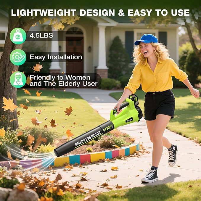 Tietoc Leaf Blower Cordless with 2횞5.0Ah Battery and Fast Charger,1200W Handheld Blower for Lawn Care,6 Speed Powerful Electric Leaf Blower for Snow Removal,Patio,Dust,Car Blowing Water
