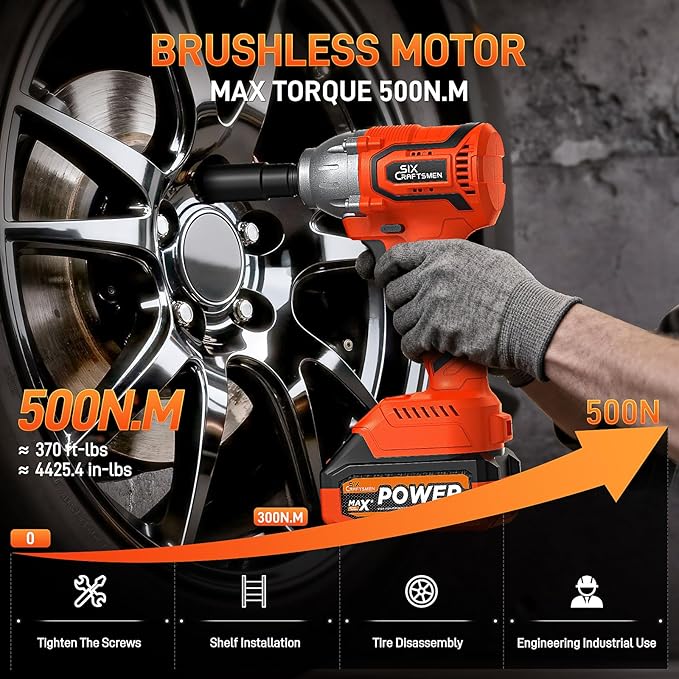 Cordless Impact Wrench, 1/2??Brushless Impact Gun, 369ft-lbs(500N.m), Power Impact Driver Kit with 4.0Ah Battery & Fast Charger, Electric Impact Driver Set for Car/DIY Furniture/Mower