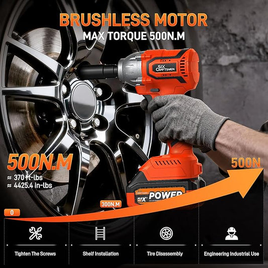 Cordless Impact Wrench, 1/2??Brushless Impact Gun, 369ft-lbs(500N.m), Power Impact Driver Kit with 4.0Ah Battery & Fast Charger, Electric Impact Driver Set for Car/DIY Furniture/Mower