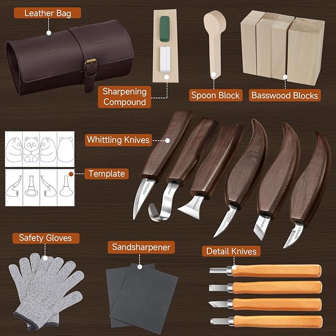 Wood Carving Kit for Beginners ??25pcs Whittling Knife Kit Wood Carving Tools with PU Leather Storage Bag, 10 Carving Knives, 6 Templates & Basswood for DIY Crafts
