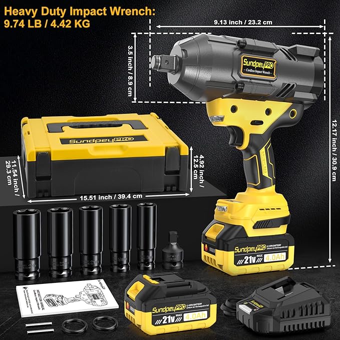 21V Cordless Impact Wrench - 1600Ft-lbs(2100N·m) Heavy Duty High Torque Brushless 3/4 Impact Gun with 2 x 4.0Ah Batteries & Fast Charger 3/4" to 1/2" Adapter & 5 Sockets for Car Industrial