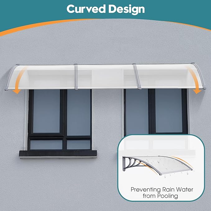 MCombo 116" x 38.6" Window Awning Outdoor Polycarbonate Door Shade Patio Cover Canopy, 6055-4012(Clear Board with Gray Bracket)