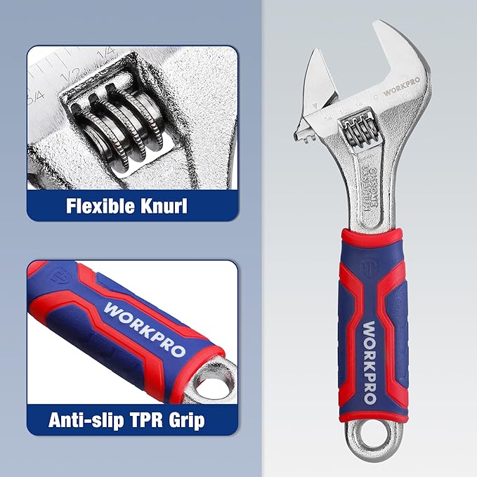 WORKPRO 6-inch Adjustable Wrench, Wide Jaw Opening Wrench with Rubber Anti-slip grip, Metric/SAE Scales, Premium Cr-V Steel, Chrome Plated