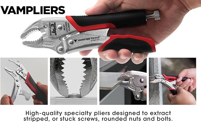 VAMPLIERS 7.5" Vise Grip Heavy Duty Locking Pliers with Screw Extractor Curved Jaws. Professional Grade. Secure Hold, Quick Release. Grip & Remove Stripped/Stuck Screws in seconds.