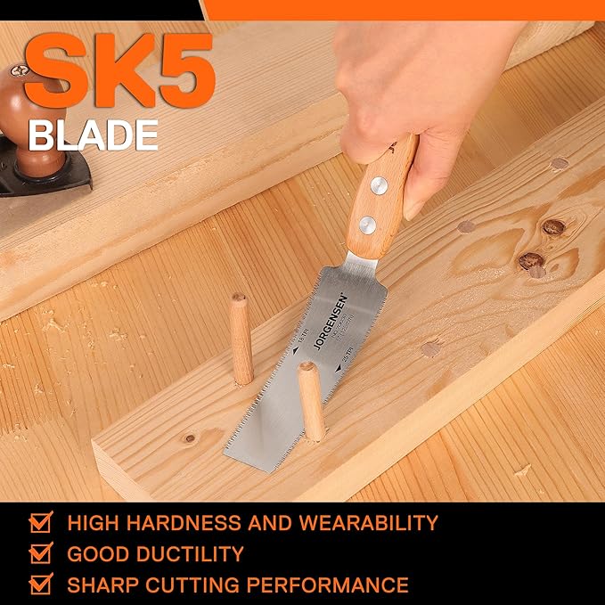 JORGENSEN Japanese Flush Cut Saw, 5 Inch Beech Handle Pull Saw, SK5 Flexible Double Edge Blade, 18/25 TPI Japanese Handsaw for Hardwood & Softwood Woodworking, Cutting, Trim Flush