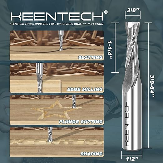 KEENTECH 1/2" Shank Upcut 2 Flute Flat Tip Sprial Router Bit for CNC Router Machine, 3/8" Cutting Diameter, 1-1/4" Cutting Depth, for Wood Cutting, Custom Furniture, Slot Mortise, Engraving, Carving