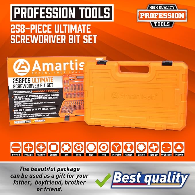 Amartisan 258-Piece Ultimate Screwdriver Bit Set, Chrome Vanadium Steel Driver Bit Set, Security bit set, Includes Bits Holder, Nut Driver, etc (Orange)
