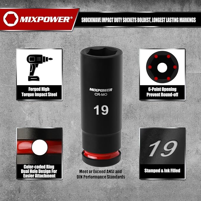 MIXPOWER 43 Pieces 1/2" Drive Deep and Shallow Impact Socket Set, 6 Point,Metric Sizes 9-30mm, 1/2'' Impact Universal Joint, 1/2"Drive Extension Bars:3",6",10",15",CR-MO Steel Mechanic Socket Set