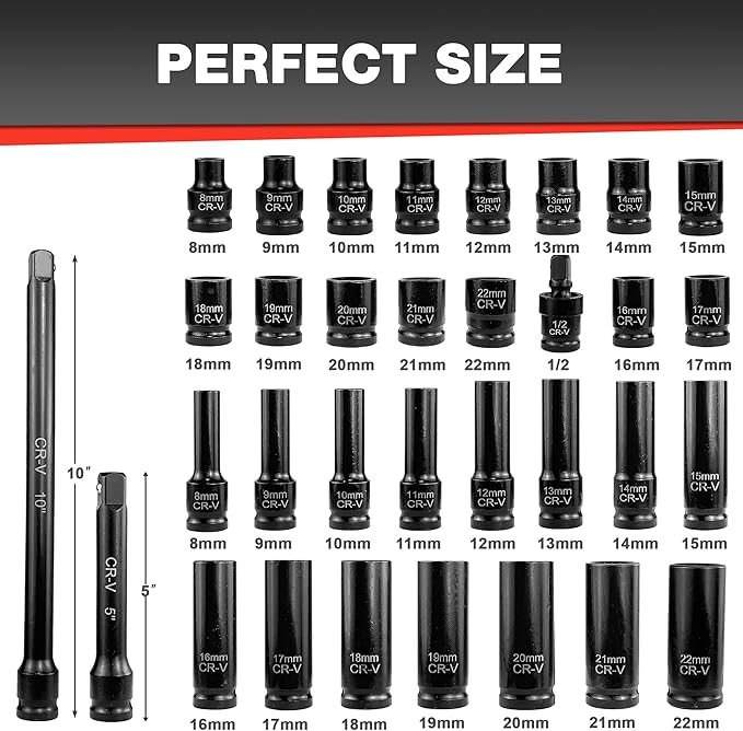 33pcs 1/2" Impact Socket Set (8-22mm), Metric Socket Set, Cr-V Steel, 6 Point Deep & Shallow Sockets, with 5" 10" Extension Bars and 1/2" Universal Joint