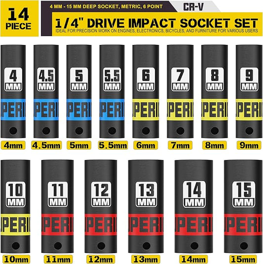 14 Piece 1/4" Drive Impact Socket Set, 4 mm - 15 mm Deep Socket, Metric, 6 Point, CR-V, Auto Repair Bicycle Maintenance and Furniture Assembly