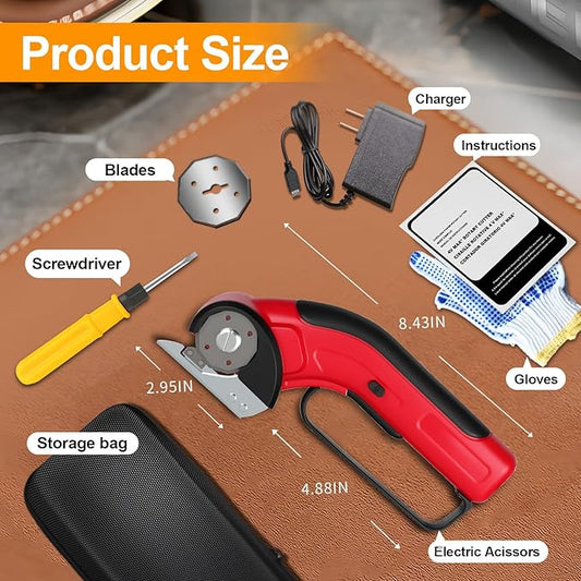 Cordless Electric Scissors Rechargeable with 2-Blade & Storage Bag, Powerful Rotary Cardboard Box Cutter 3.7V 2000mAh for Cloth Carpet Plastic Leather, Charging Cable(Red)
