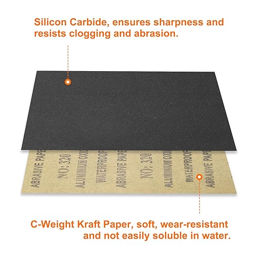 HARFINGTON 25pcs Sandpaper 320 Grit 9 x 11 Inch C-Weight Backing Silicon Carbide Abrasive Wet Dry Sanding Sheets for Wood Finishing, Metal Sanding, Automotive Polishing