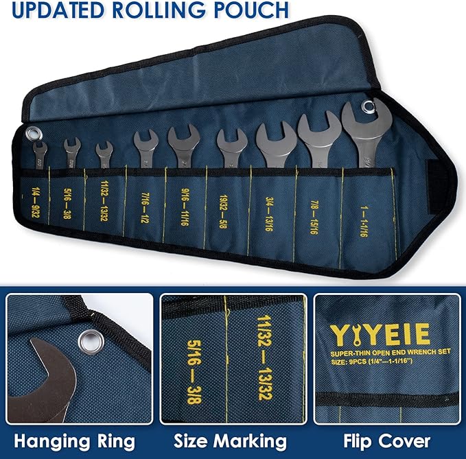 YIYEIE 9Pc. Super Thin Wrench Set, SAE 1/4" to 1-1/16", Nickel Plating, CR-V Steel, Ultra-Slim Open End Wrench Set with Rolling Pouch