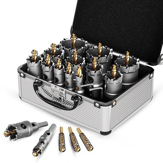 GSTK Upgrade Heavy Duty Carbide Hole Saw 14 Pcs,Metal Steel Hole Saw Drill Bit,TCT Hole Cutter,Alloy Hardness Upgrade, with 2*Extra Titanium Plated Pilot Center Drill and 2*L-Wrench