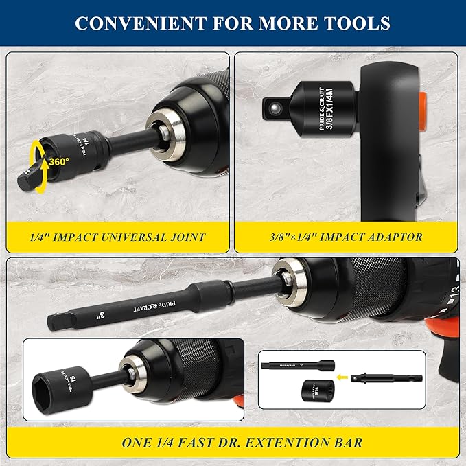 PRIDE&CRAFT 1/4" 56-Piece Impact Driver Socket Set, SAE (5/32 to 9/16 inch) and Metric (4-15mm) Sizes with Adapters, Extension Bars, Universal Joint, Torque Wrench, One Set for All, Gift for Him