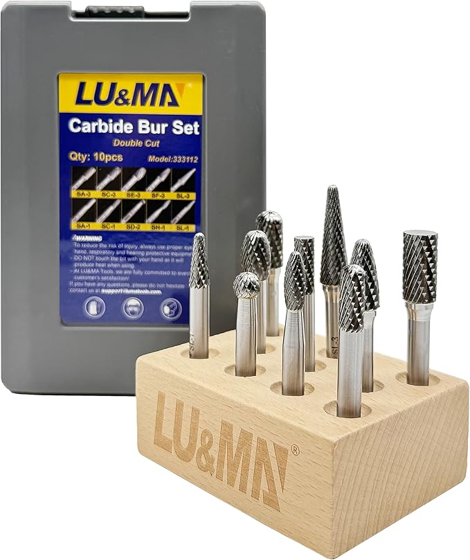 Premium-Grade Die Grinder Bits Tungsten Carbide Burr Set 1/4 Shank 10-PC Double Cut Rotary Cutting Burr Bits for Metalworking, Steel, Wood, Grinding, Carving, Engraving By LU&MN