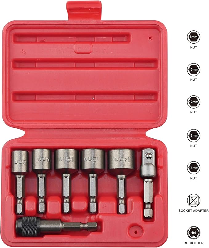 K452 Magnetic Power Nut Driver Bit Set with Socket Adapter and Extension, Quick-Change 1/4-Inch Hex Shank, Metric, 7-Piece