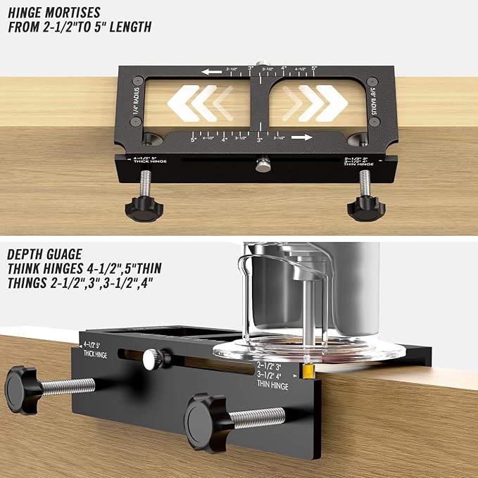 Door Hinge Jig, Pro Aluminum Alloy Router Template, Adjustable Mortising Jig for 2.5" to 5" Hinges, Compatible with 1/4" & 5/8" Radius and Square Corner Hinges