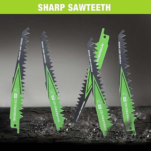 WORKPRO 6" Wood Pruning Reciprocating Saw Blade Set, 5TPI Pruning Saw Blades for Tree Pruning, Wet Wood Cutting with Organizer Case, Durable & Sharp, 5 Pieces
