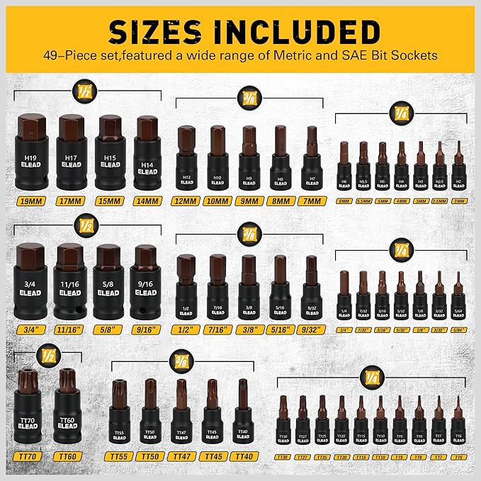 66-Piece Torx Bit & Hex Bit Socket Set: Premium CR-V & S2 Alloy Steel, Star T8-T70 & E-Torx E4-E24, High Torque Laser Marked for Automotive Mechanic
