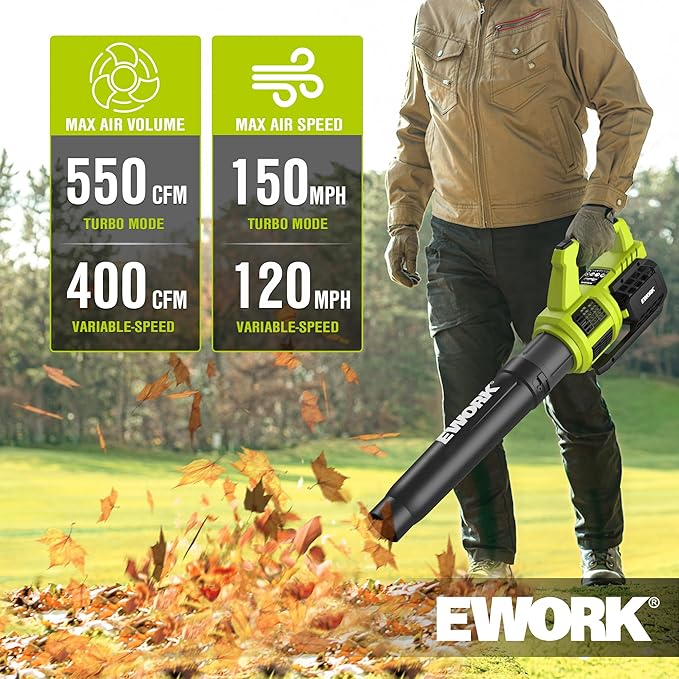 EWORK 21V Cordless Leaf Blower, Powerful Turbo Mode & 550 CFM, 2횞3.0Ah Batteries & Fast Charger, Lightweight Electric Leaf Blowers for Lawn Care, Patio, Leaves & Dust