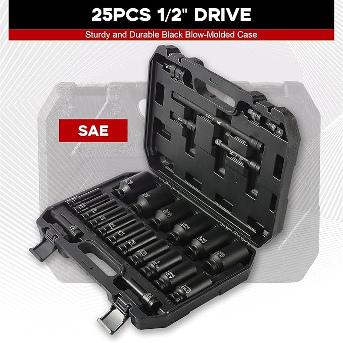 Aloanes 25-Piece 1/2" Drive Socket Set, SAE (3/8"- 1-1/2"), Deep Sockets, 1/2" F to 3/8" M Reducer,3/8" F to 1/2" M Reducer, Universal Joint, Extension Bars, 6 Point, Cr-V