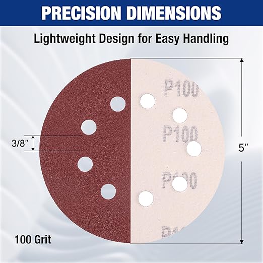 WORKPRO 150-Piece 100 Grit Sanding Discs - 5-Inch 8-Hole Hook and Loop Sandpaper for Random Orbital Sander (Not for Oscillating Tools or Mouse Sander)