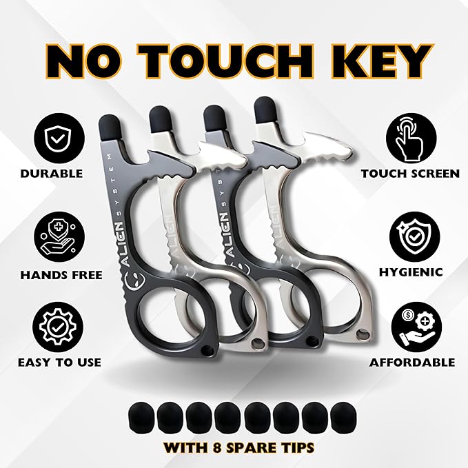 No Touch Door Opener tool 4 Pack - Premium keychain multitool - Hygienic Touch free Keychain tool - Touchscreen stylus, Button pusher, Bottle opener - Great for Employee appreciation gifts