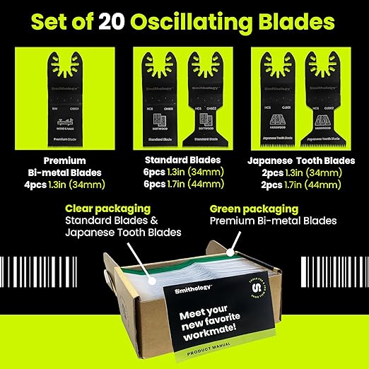 Smithology 20PCS Oscillating Saw Blade Combo ??4 Bi-Metal, 12 Standard, 4 Japanese Tooth Blades for Metal & Wood | Fits Dewalt, Milwaukee, Ryobi, Makita, Craftsman, Porter Cable, Ridgid, Rockwell