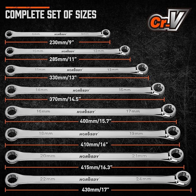 HORUSDY 8-Piece Extra Long Double Box-End Wrench Set, 12-Point Metric 8??4 mm, CR-V Steel, 15째 Offset, Off-Corner Loading, with EVA Foam Organizer