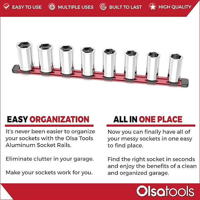 Olsa Tools Socket Organizer - 3/4-Inch Drive - Red Rail Holder for Impact Sockets - Heavy-Duty Storage for Mechanics - Professional Grade Metric or SAE Socket Organizer - Part: 1133