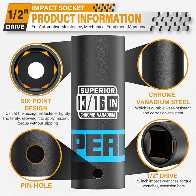 1/2" Drive Impact Socket, 13/16 inch Deep Socket, SAE, 6 Point, CR-V, for Car Repair, Loosen the Fastening Nut