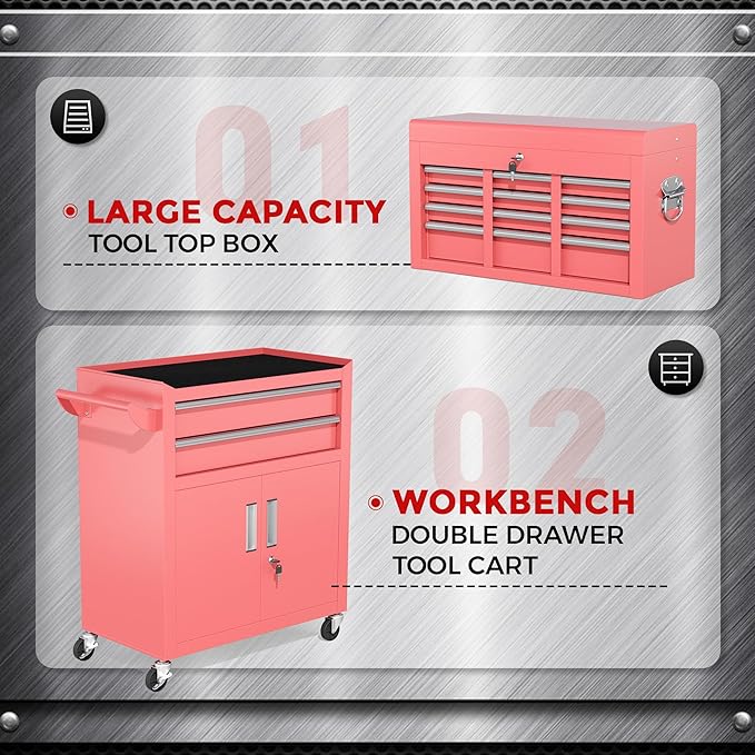 INTERGREAT Tool Chest, Tool Cabinet with 8 Drawers, Detachable Organized Tool Chests, Lockable Tool Cabinet for Workshop, Warehouse, Mechanics Garage (Pink)