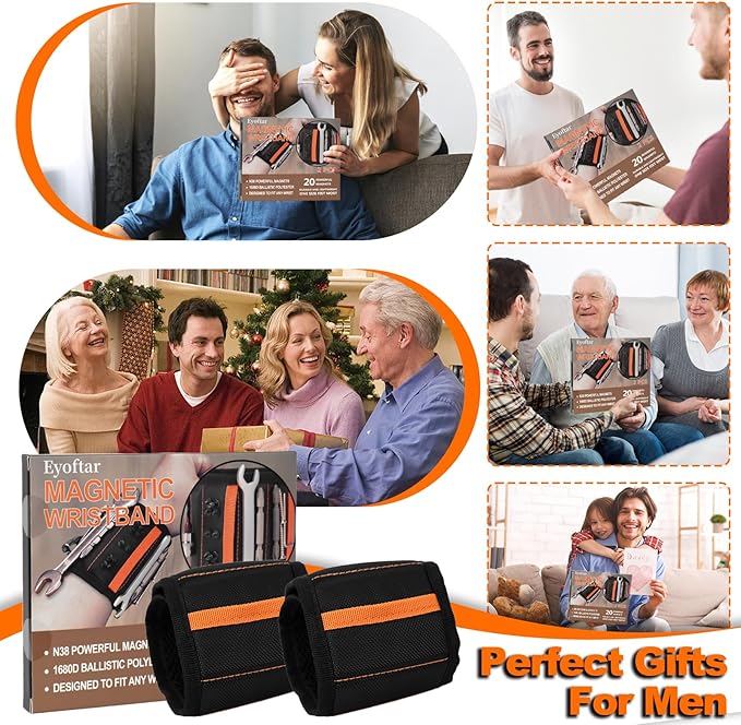 Magnetic Wristband for Tools (2-Pack) - Tool Belt for Men & Women - Heavy Duty 20-Magnet for Hands-Free DIY & Construction, Holds Screws, Nails, Bits - Ideal Gift for Men, Handyman, Husband