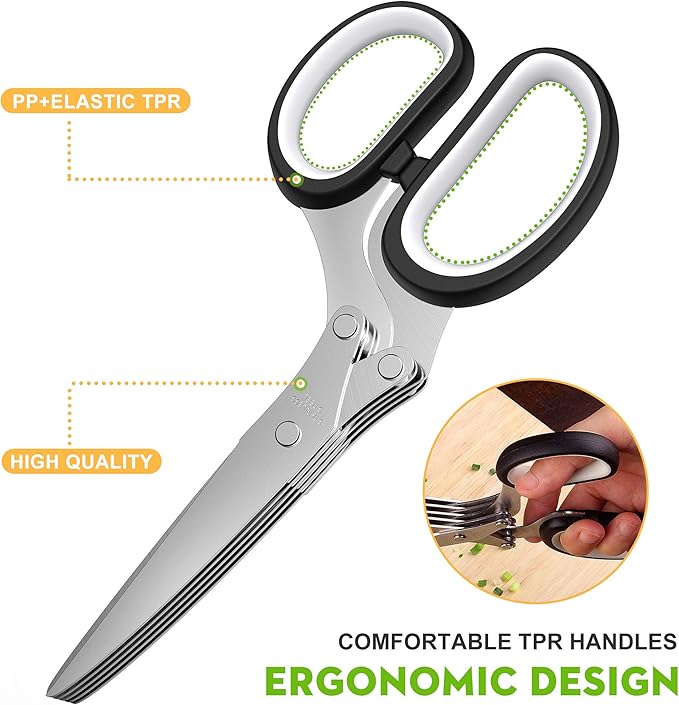 Fun Unique Kitchen Gadgets: Herb Scissors Set - Updated 2025 Cool Kitchen Tools for Cutting Fresh Garden Herbs - Sharp 5-Blade Shears with Cover, Anti-Rust Stainless Steel, Dishwasher Safe (Black)