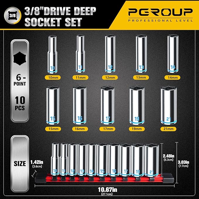 3/8-Inch Drive Deep Socket Set, 10PCS Metric (10-21mm), 6-Point Design,Blue Embossed and Painted Marking, Mirror Chrome Finish,Cr-V Steel With Rail