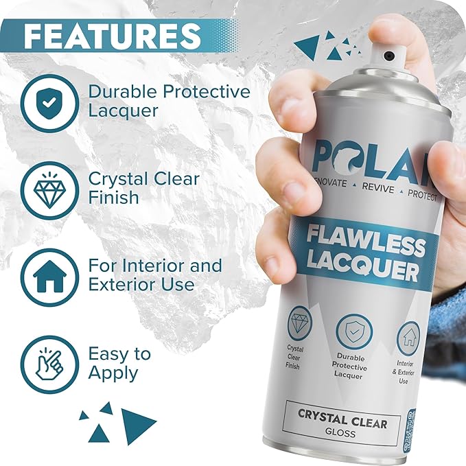 Polar Clear Gloss Flawless Lacquer Spray - 6 x 13.5 Fl Oz - Clear Coat Spray Paint - Non-Yellowing & Scratch Resistant - Interior & Exterior Surfaces for Wood, Metal, Plastics, Glass & Ceramics