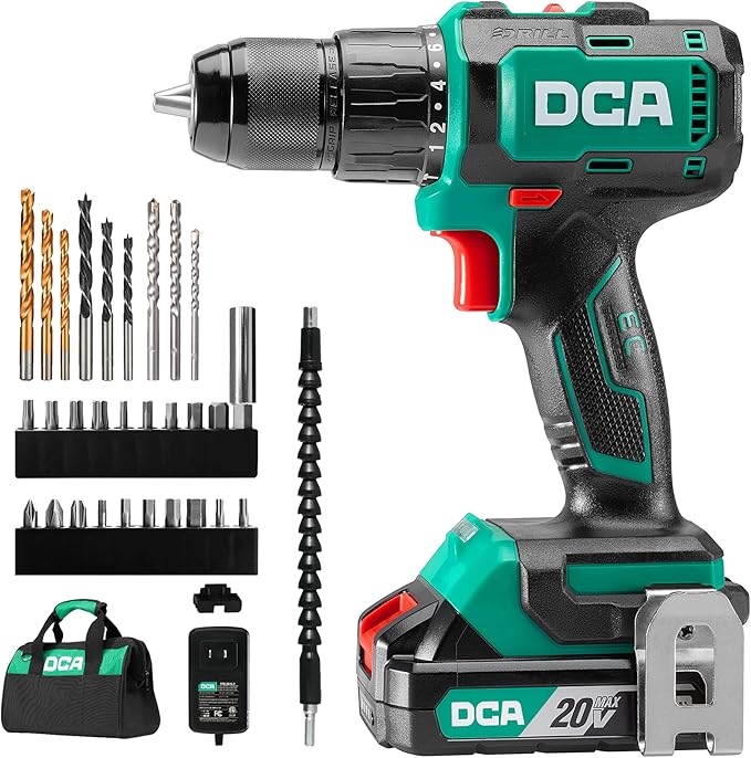 DCA 20V Brushless Hammer Drill Cordless, 492 in-lb Torque Impact Drill, 1/2" All-Metal Keyless Chuck,18+1+1, (0-450/0-1800RPM), 27000 IPM, Compact Design with 2.0Ah Battery & Charger,ADJZ2055i